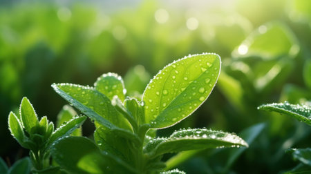 Close up of the leaves of a stevia plantの素材