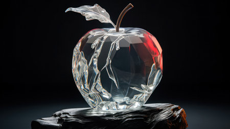 Crystal Glass Apple presented on plain black backgroundの素材