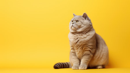 A fat British cat sits on a white background, puts its paw funny and looks ahead with big yellow eyes. Obesity in cats, overweight in animals.の素材