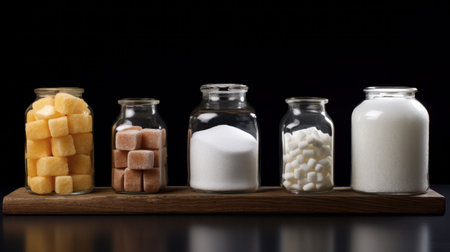 Various healthy diet replacement for sugar, natural organic sweetener concept, anti diabetes non-glycemic, sweetener. Various fruit sugar, molasses, stevia, dates, coconut date sugar, maple syrupの素材