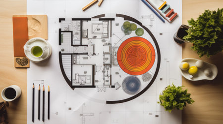 Architect concept, Architects working with blueprints in the office, top viewの素材
