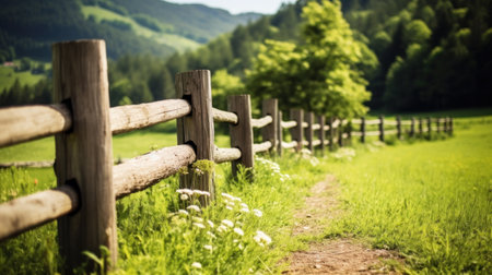 Large wooden fence seen at the perimeter for a large meadow with a public path seen following the fence into a forest area.の素材