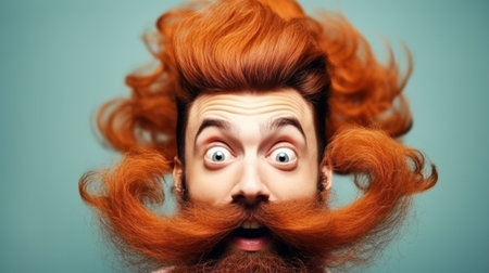 Portrait of attractive funny funky childish amazed red-haired guy wearing casual shirt stupor isolated over bright blue color backgroundの素材