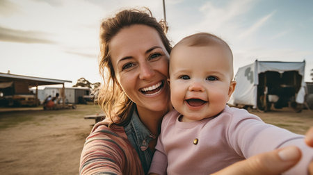 Pretty young mother and her cute daughter having fun and take selfies. Little girl surprised looking in phone and smile on the sunny city background. Stylish family, true emotion, good moon.の素材