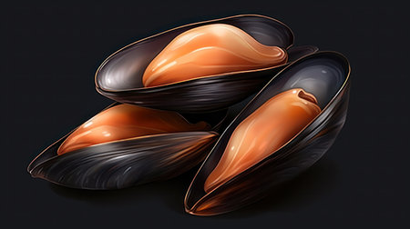 Delicious cooked mussels in shells on white background, top viewの素材