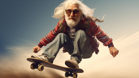 Active energetic happy cool gray haired old adult man skateboarding on city street, smiling sporty fit middle aged mature older male professional skater having fun enjoying riding skateboard outdoor.の素材