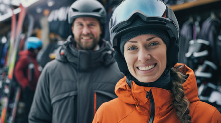 Portrait of smiling woman and man in ski equipment who is standing with ski, helmets and boots in sport shopの素材
