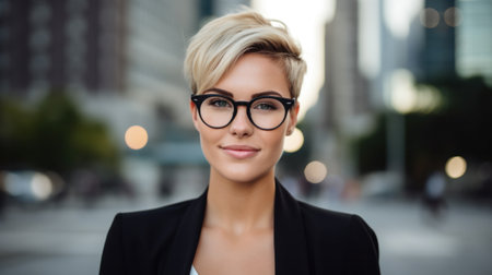 Businesswoman, an attractive blonde with a short haircut and glasses against the backdrop of downtown and an office buildingの素材