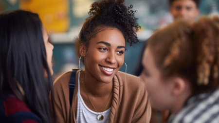 In the Classroom Multi Ethnic Students swear during breaks between lectures. Smart Young People Study at the College.の素材