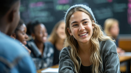 In the Classroom Multi Ethnic Students swear during breaks between lectures. Smart Young People Study at the College.の素材
