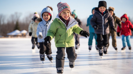 Hapy kids enjoying on scating rink, days before cristmasの素材