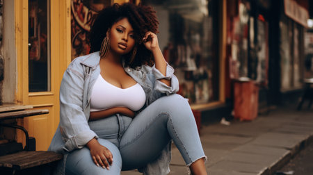 BBW big black beautiful model sitting at street cafeの素材