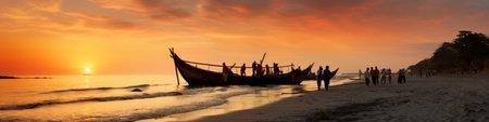 Fishermen boats piled up on the sand of the beach at sundown.の素材