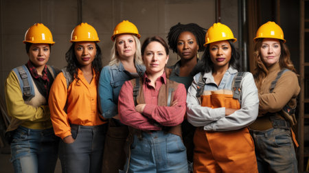 Portrait of a group of confident young women working at construction site wearing uniform.の素材
