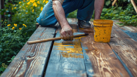 Close up paintbrush in hand and painting wooden table or bench for garden.の素材