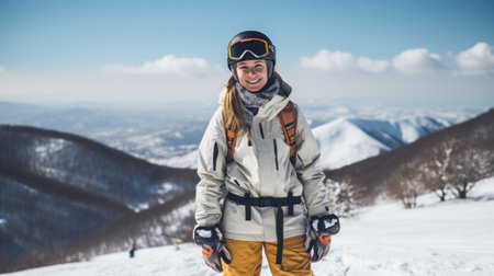 Portrait of woman in alps. Ski vacation in skier uniform, helmet and gogglesの素材