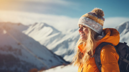 Portrait of woman in alps. Ski vacation in skier uniform, helmet and gogglesの素材