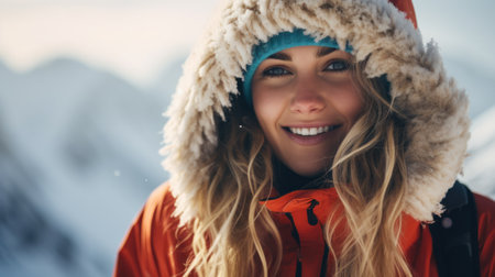 Portrait of woman in alps. Ski vacation in skier uniform, helmet and gogglesの素材