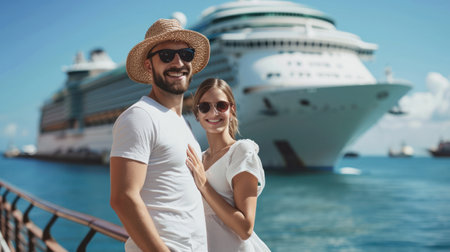 Couple Romance with cruise ship on background. Beach Love Island Conceptの素材