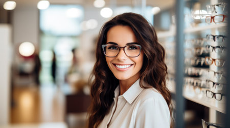 Young Woman with Eyeglasses in Optical Store - Beautiful girl wearing glasses in optician shopの素材