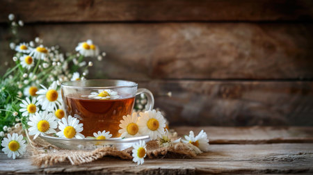 Chamomile herbal tea with flower buds nearby on wooden table with textile and chamomile bouquet, closeup, copy space, healthy herbal drinks and natural healer conceptの素材