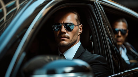 Professional armed team of female and male bodyguards shoot and protect a VIP celebrity person in car limousine. Bodyguard and VIP person security protection. Agent in civilian black suitの素材