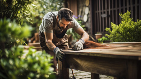 Close up paintbrush in hand and painting wooden table or bench for garden.の素材