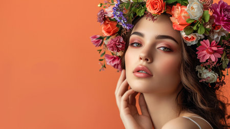 Beauty portrait of young beautiful woman art makeup, flower wreath, posing on peach background.の素材