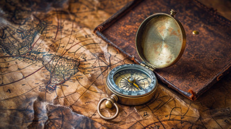 Old compass on vintage map. Adventure stories background. Retro style.の素材