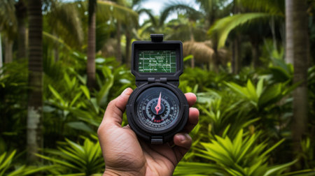 Girl holding the compass. Hands of teenager girl holding compass. Green grass background. Copy space. Orienteering on the ground. Selecting direction.の素材