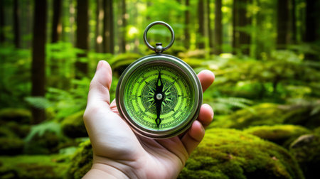 Girl holding the compass. Hands of teenager girl holding compass. Green grass background. Copy space. Orienteering on the ground. Selecting direction.の素材