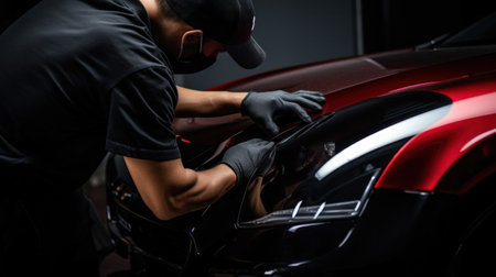 A specialist in wrapping a car with chameleon-colored vinyl film in the process of work. Car wrapping specialists cover the car with vinyl sheet or film. Selective focus.の素材