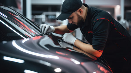 A specialist in wrapping a car with chameleon-colored vinyl film in the process of work. Car wrapping specialists cover the car with vinyl sheet or film. Selective focus.の素材
