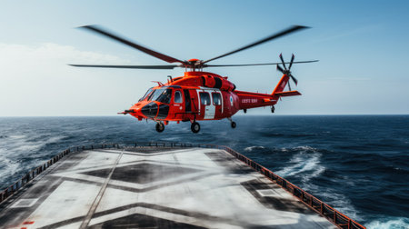 lifeguard descend from helicopter on ship at blue seaの素材