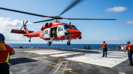 lifeguard descend from helicopter on ship at blue seaの素材