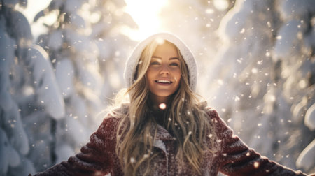 Winter walk, a young beautiful blonde in winter clothes walking in a snowy forest, a beautiful frosty day. A young woman warms her nose wrapped in a white scarfの素材