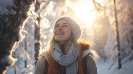 Winter walk, a young beautiful blonde in winter clothes walking in a snowy forest, a beautiful frosty day. A young woman warms her nose wrapped in a white scarfの素材