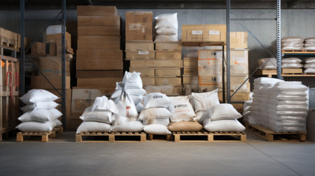 A pile of rough canvas bags in the backgroundの素材