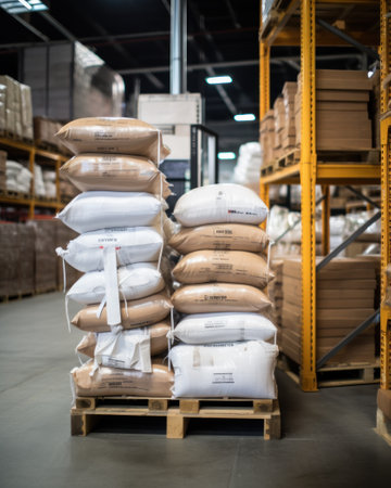 A pile of rough canvas bags in the backgroundの素材