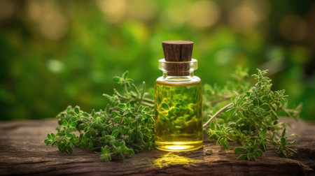 A bottle of thyme essential oil with fresh thyme twigs and other bottles in the backgroundの素材