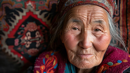 Beautiful senior woman posing in traditional Mongolian dress in sunset light.の素材