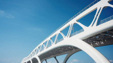 Support element of a high cable-stayed bridge with steel pylons. Backlight. Clear blue skyの素材