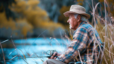 Happy mature man enjoying while fishing on a river and looking at camera.の素材