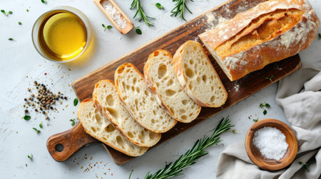 French baguette bread sliced on a wooden cutting board against a dark concrete background. Preparing the dinner tableの素材