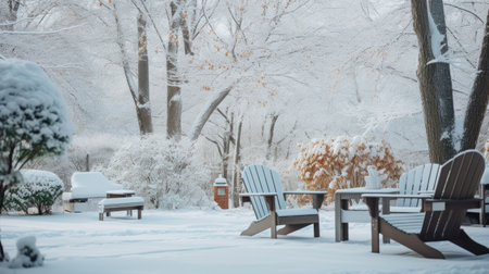 Outdoor furniture is covered with snow in a winter. Winter patio and garden during snowfallの素材