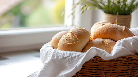 Basket with fresh bread on tableの素材