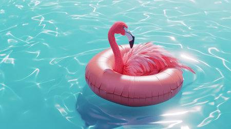Flamingo tropical. Pink inflatable flamingo in water for summer beach background. Pool float partyの素材