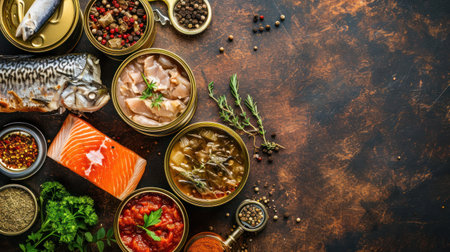Different open tin cans with canned fish among spices and herbs on a brown background, canned salmon and mackerel, sprat and sardine, tuna and herring and fish pate, top viewの素材