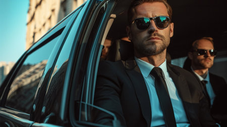 Professional armed team of female and male bodyguards shoot and protect a VIP celebrity person in car limousine. Bodyguard and VIP person security protection. Agent in civilian black suitの素材