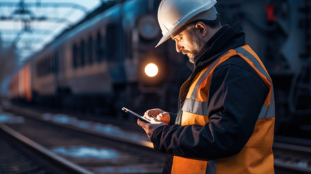 Inspector of wagons at freight train station looks in tablet computer. american railway man with tablet pc at freight train terminalの素材